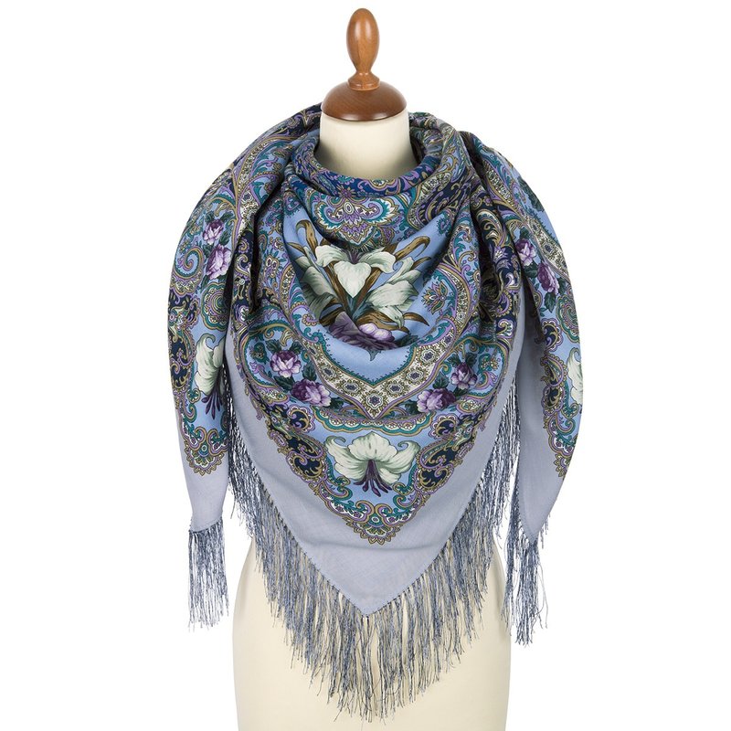 Pavlovo Posad Russian Shawl 100% Wool Scarf 125x125 cm Wrap Silk Fringe 1862-1 - 絲巾 - 羊毛 藍色