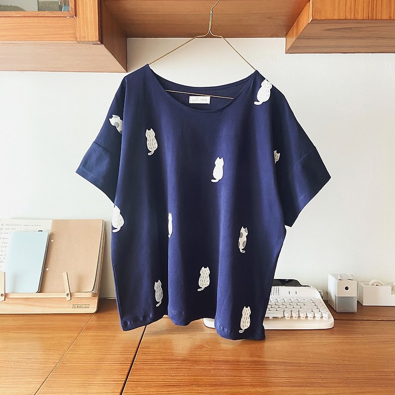 miaou t-shirt : navy - 女 T 恤 - 棉．麻 藍色
