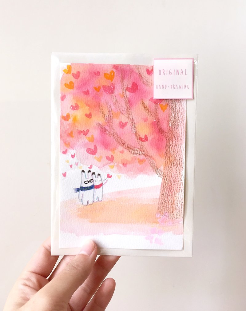 日系小兔情人手繪原畫插畫卡片 明信片 - 心意卡/卡片 - 紙 粉紅色