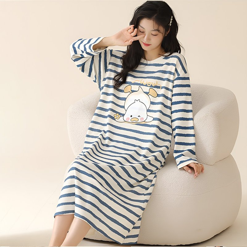 Pink Lady cotton soft one-piece nightgown with duck stripes, round neck, long sleeves, women's pajamas, home wear - Loungewear & Sleepwear - Other Man-Made Fibers Blue