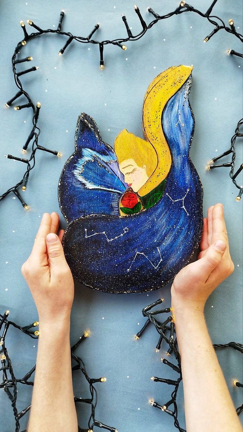 Starry little prince and fox painting on wood - Wood, Bamboo & Paper - Wood Blue