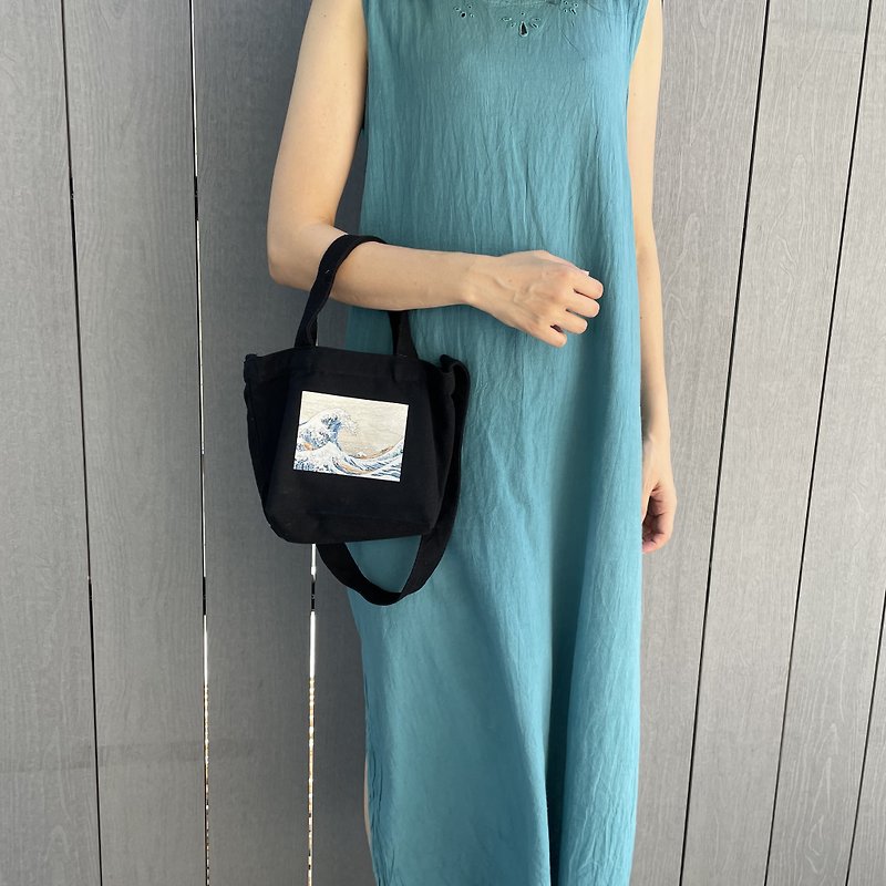 2Way Mini Size Ukiyoe tote bag, Ukiyoe - Hokusai's big wave - Handbags & Totes - Cotton & Hemp Black