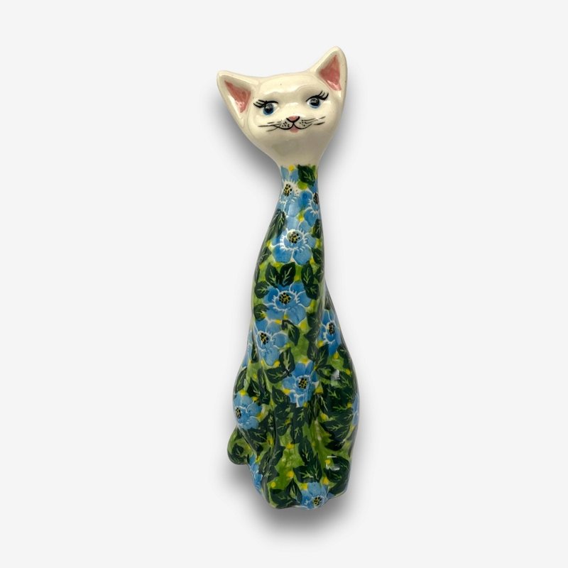 Polish hand-painted handmade pottery-cat ornament 21cm rich blue series designer model - Items for Display - Pottery Green