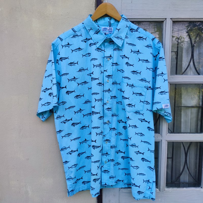 Vintage Blue Water Wear Sea Fish Print  Pattern Button Up Shirt - Men's Shirts - Cotton & Hemp Blue