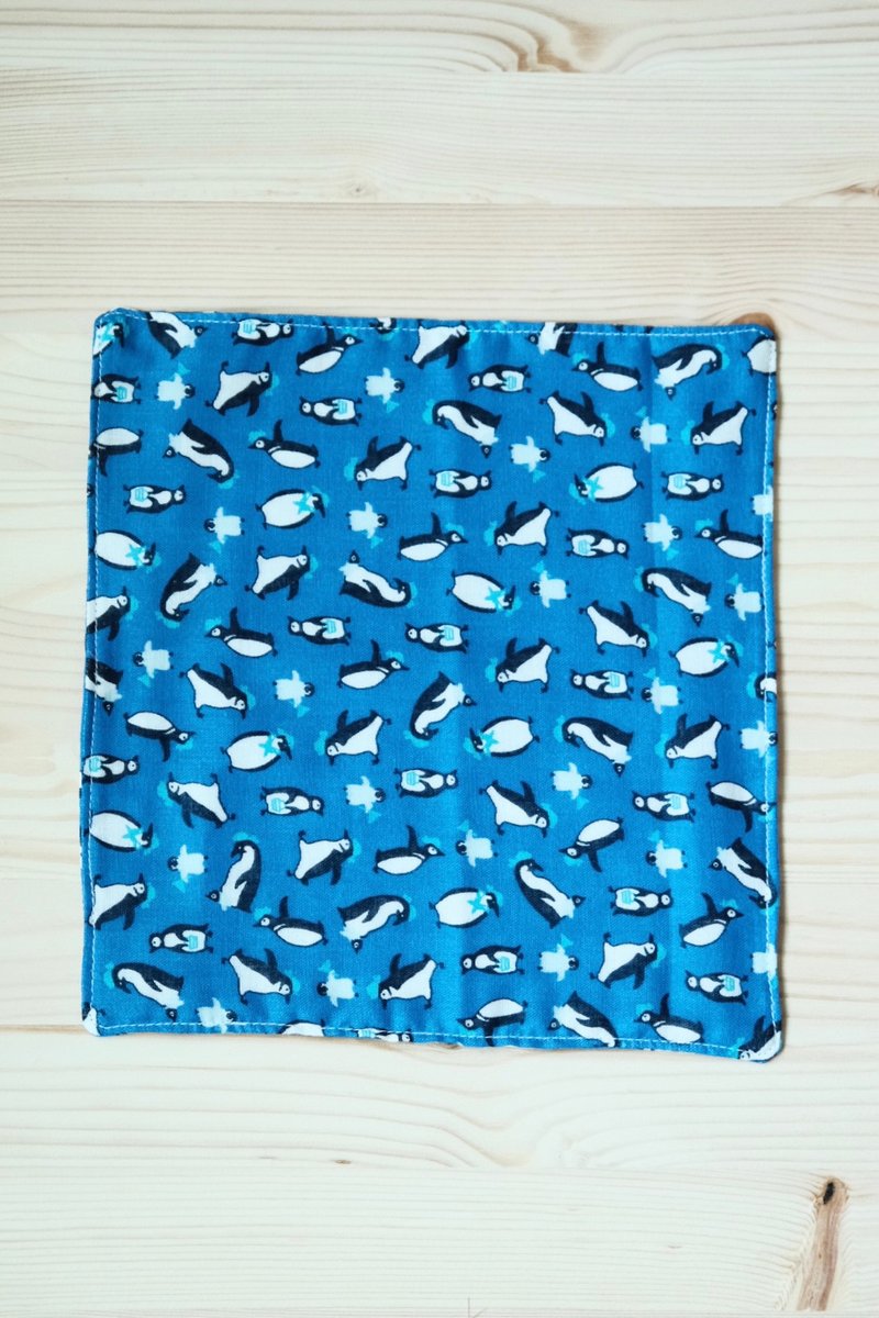 雙面二重紗手帕小方巾【企鵝】 - 手帕 - 棉．麻 藍色