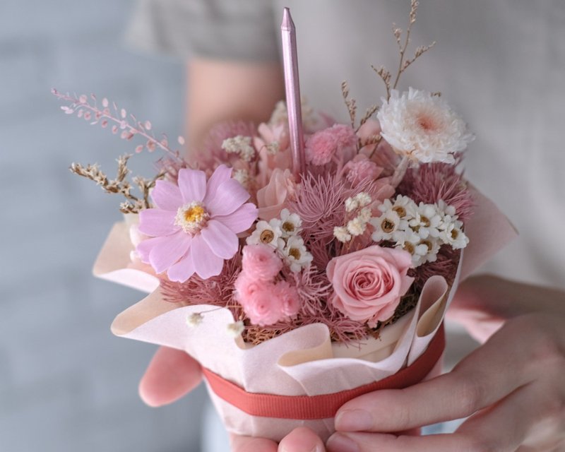 Mini cake-shaped flower gift/pink color/dried preserved flowers (with candles and packaging) - Dried Flowers & Bouquets - Plants & Flowers Pink