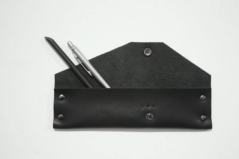 黒の幾何学的なカーフスキン鉛筆ボックス/ - ペンケース・筆箱 - 革 ブラック