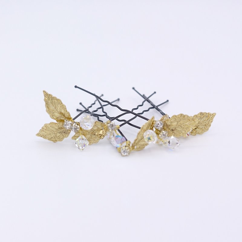 Gold-plated Leaf Crystal Hair Pin - Hair Accessories - Cotton & Hemp Gold