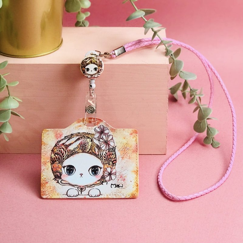 Lanyard card holder | horizontal | leisure card holder | identification card holder | student card-warm orange warm cat - ที่ใส่บัตรคล้องคอ - หนังเทียม สีส้ม