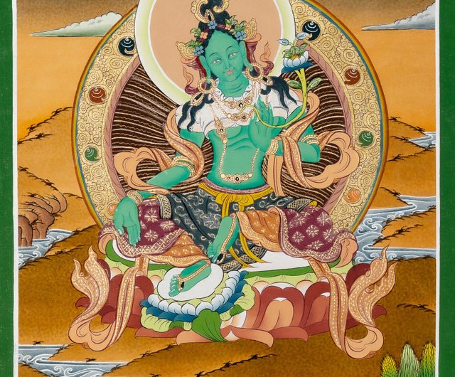 手描きのグリーンターラタンカ | 神聖な恩恵と静けさのためのチベットアート - ショップ Boudha Stupa Thanka Centre  ウォールデコ・壁紙 - Pinkoi