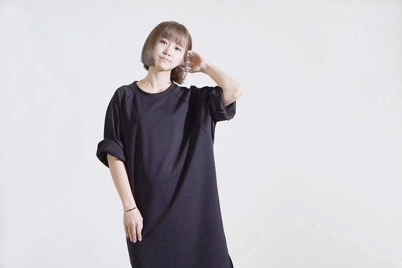 [X-BLIND] Simple and plain open-fork one-piece long dress (Khaki, black, white) - One Piece Dresses - Cotton & Hemp Black