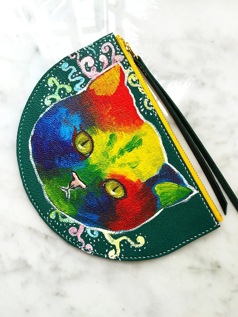Hand-painted pattern painted face cat leather coin purse | mobile phone bag | small wallet | clutch bag - กระเป๋าคลัทช์ - หนังแท้ สีน้ำเงิน