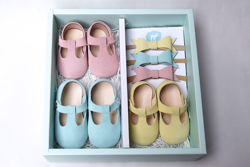 Baby Gift Set for Girls, Set of 3 Baby Shoes NB/3M/6M, Newborn Gift Girl - ของขวัญวันครบรอบ - หนังแท้ สีน้ำเงิน