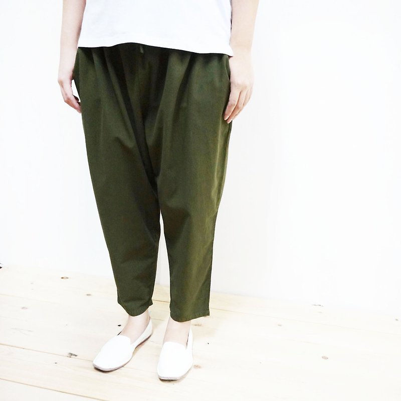 Cotton nine points pants / dark green - กางเกงขายาว - ผ้าฝ้าย/ผ้าลินิน สีเขียว