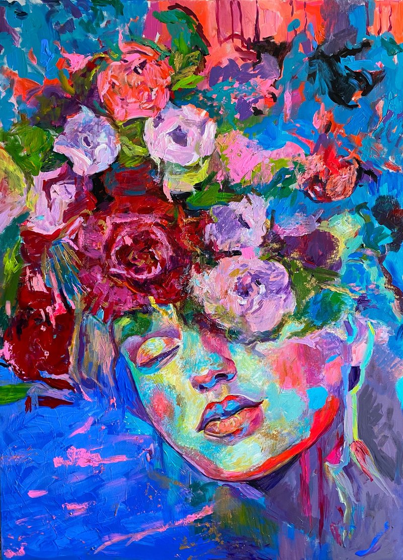 Girl with flower wreath.  Original Art. Impasto oil painting. - 海報/掛畫/掛布 - 其他材質 多色