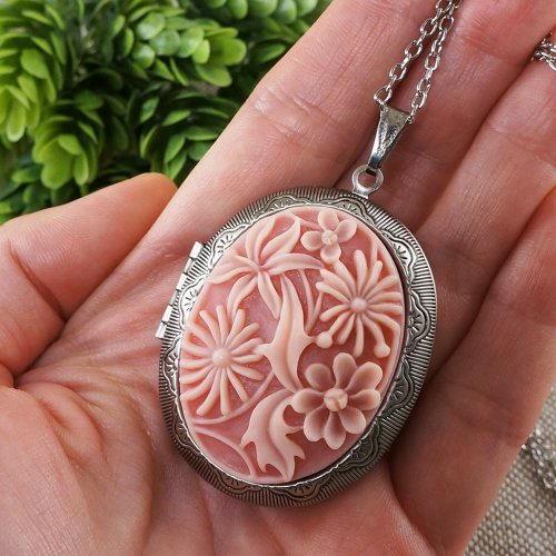 Sterling Silver Rose Locket Pendant Oval Flower