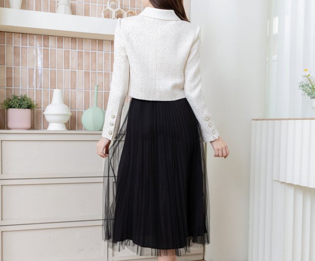 アイボリー スパンコール ツイード ジャケット リボン ブローチ付き