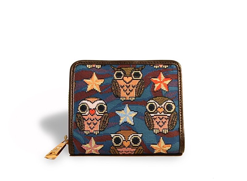 Night owl painting jacquard woven short clip blue coffee -REORE - Coin Purses - Other Materials 