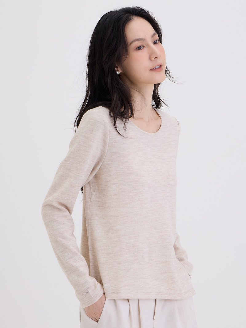 花紗圓領不對襯開岔長袖上衣-沐陽 - 女上衣/長袖上衣 - 羊毛 白色