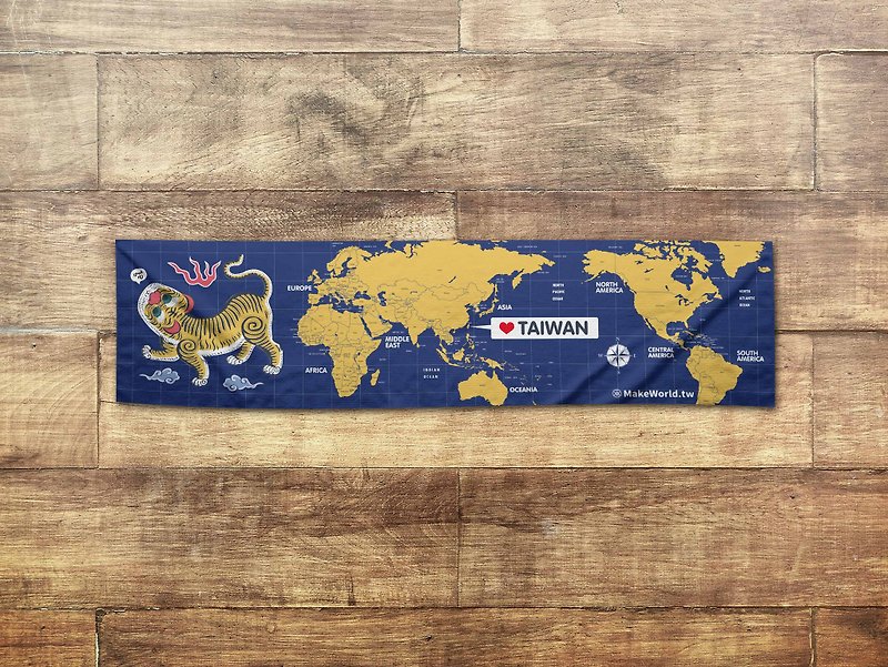 Make World map-made sports towel (blue ground yellow tiger meow meow B) - Towels - Polyester 