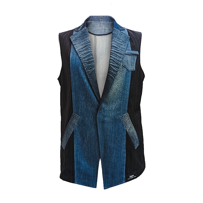 2023 ICIF [Story Wear] Handmade Denim V-neck Yuppie Gentleman Vest - เสื้อกั๊กผู้ชาย - ผ้าฝ้าย/ผ้าลินิน สีน้ำเงิน
