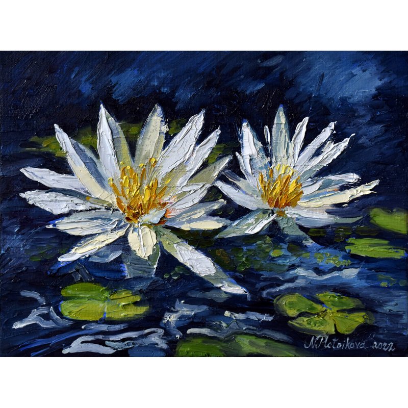 Water Lily painting Lotus Original Art Floral Artwork impasto oil painting - 海報/掛畫/掛布 - 其他金屬 多色