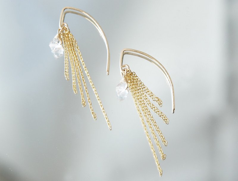 【14KGF/Tiny】Leaf Hook Fringe Earrings, -NY Herkimerdiamond- - Earrings & Clip-ons - Gemstone Gold