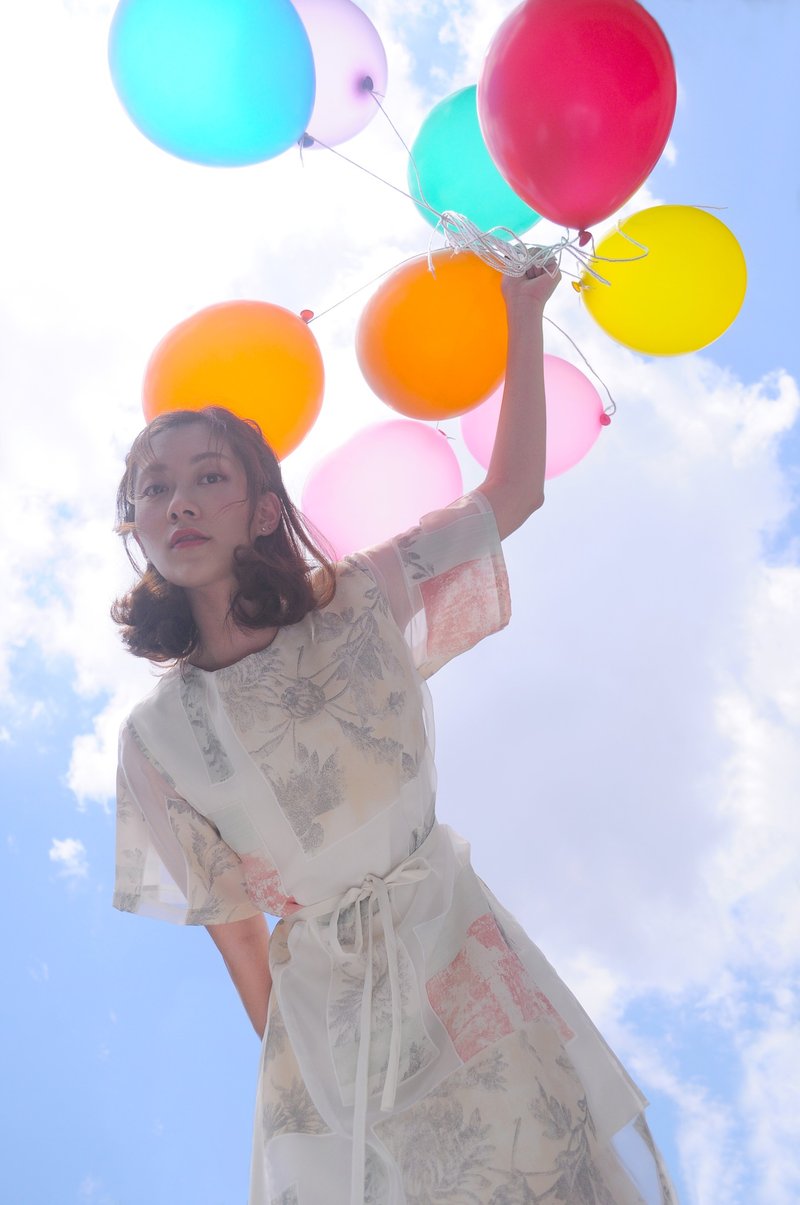 Savannah Dress彩粉色印花紗織雙層連身裙 - 洋裝/連身裙 - 棉．麻 黃色