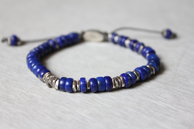 C.Chun Handmade Design Jewelry 6mm青金石銀片拉繩式手鍊 - 手鍊/手環 - 寶石 藍色