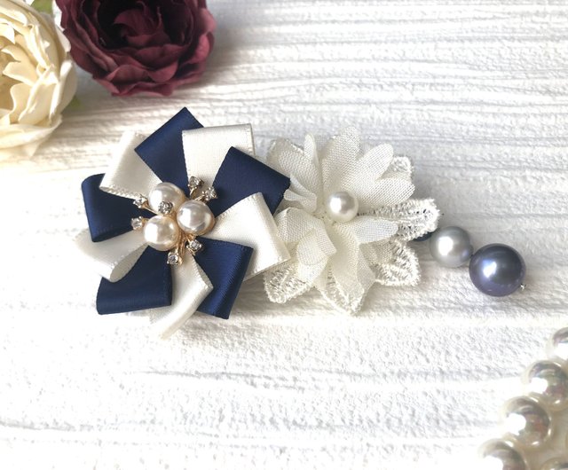 Rosette Valletta Ribbon Pearl White Blue - 設計館flor-accessory 髮