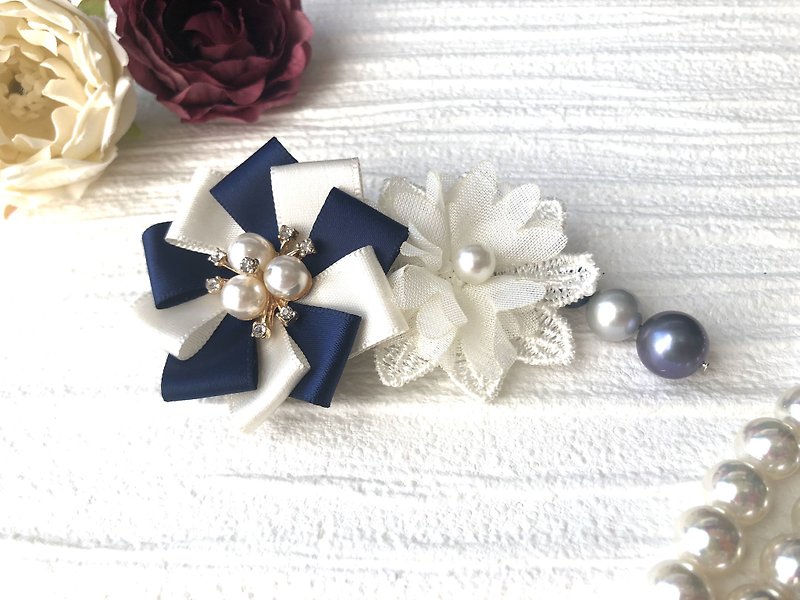 Rosette Valletta Ribbon Pearl White Blue - Hair Accessories - Polyester White