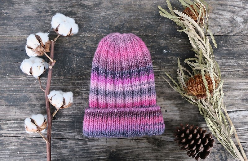 阿母の的手作帽-反摺毛帽-草莓色漸層-交換禮物 - 帽子 - 棉．麻 粉紅色