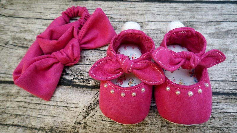 日系綁踝桃紅小珍珠可愛甜美蝴蝶結髮帶嬰兒鞋學步鞋滿月彌月禮盒 - 男/女童鞋 - 其他材質 
