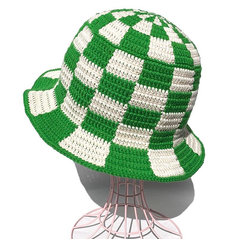 [Crochet Hat] OFF×GREEN Block Check Bucket Hat - Hats & Caps - Cotton & Hemp Green