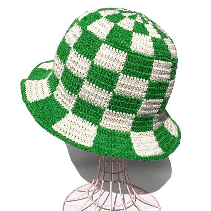 【クロシェハット】OFF×GREEN ブロックチェック バケットハット - 帽子 - 棉．麻 綠色