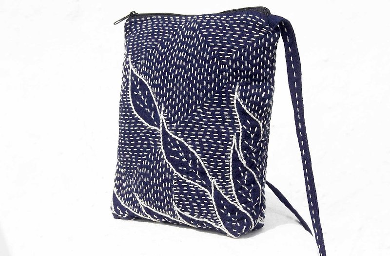 Birthday gift mothers day gift limited edition a hand-stitched sari cloth side backpack / embroidery cross bag / hand embroidery shoulder bag / hand-stitched blue dyed / indigo cell phone bag - blue dye indigo plant leaves flowers - กระเป๋าแมสเซนเจอร์ - ผ้าฝ้าย/ผ้าลินิน สีน้ำเงิน