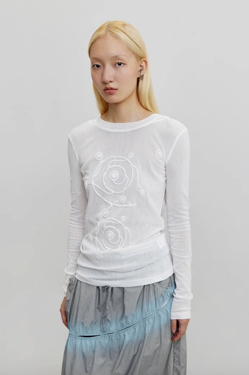 Voetex Slim Sweater Swirl Craft Semi-Sheer Mesh Hooded Interior - เสื้อผู้หญิง - ผ้าฝ้าย/ผ้าลินิน ขาว