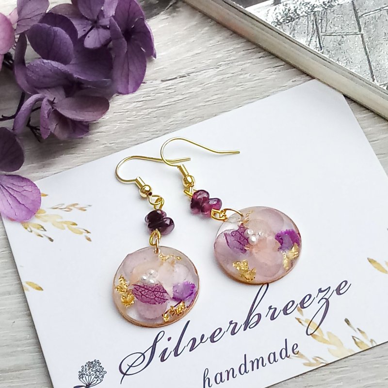 Preserved flower earrings, real flower earrings, dried flower earrings, no withered flower gift Clip-On(ER-019a) - Earrings & Clip-ons - Resin Purple