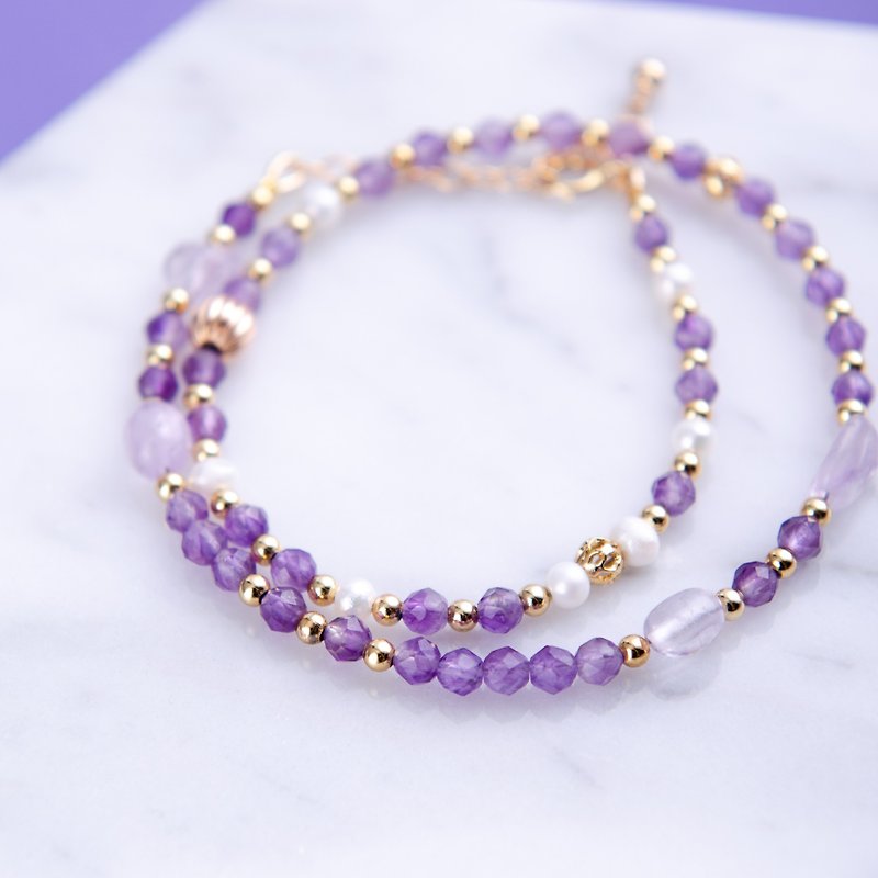 Lavender Amethyst, Pearl, 14KGF Gold Plated Natural Gemstone Crystal Bracelet - Bracelets - Crystal Purple