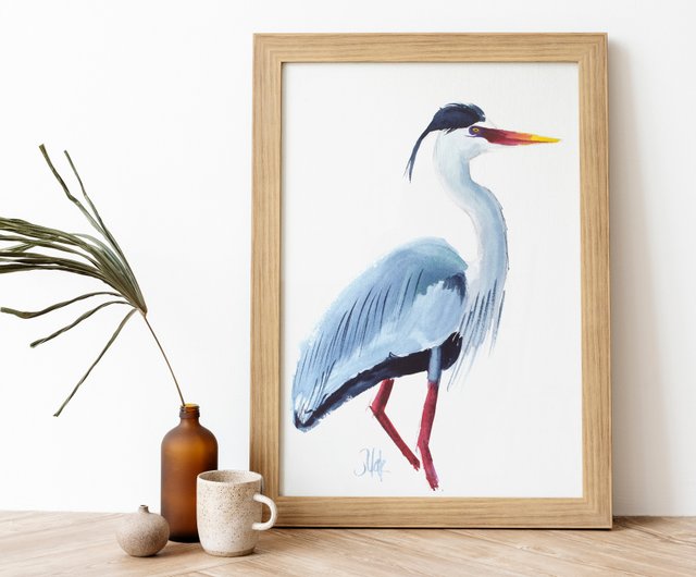 アオサギ絵画鳥オリジナル壁アート女性のためのギフト水彩 - ショップ
