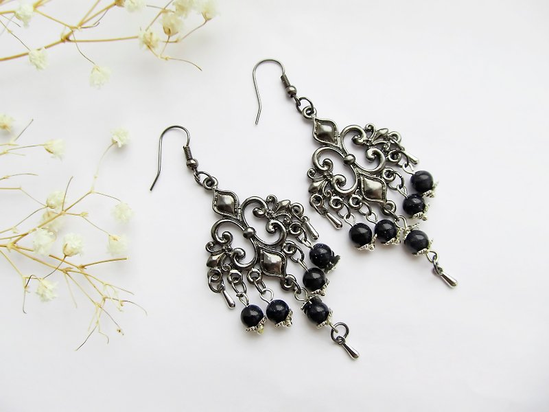 Aventurine earrings Dangling floral earrings Statement earring Big boho earrings - Earrings & Clip-ons - Gemstone Black