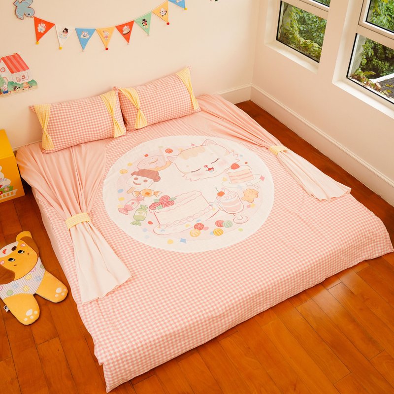 Cat Ba Dot Four-piece Set 80s Retro Showa Childlike Cute Plaid Pure Cotton Gift Bedding - เครื่องนอน - ผ้าฝ้าย/ผ้าลินิน สีเหลือง