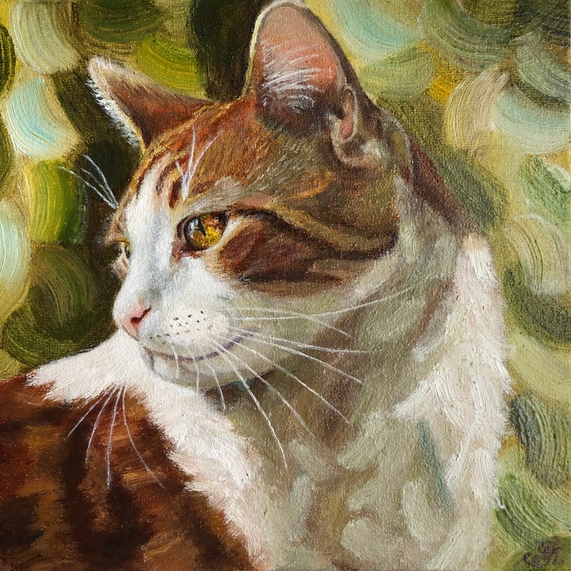 Orange cat original oil painting on canvas wall art home animal portrait - ตกแต่งผนัง - วัสดุอื่นๆ สีส้ม