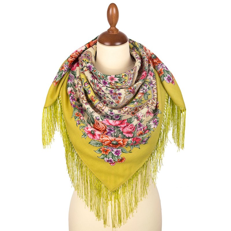 Authentic Pavlovo Posad Russian Shawl Scarf Soft 100% Wool 89x89 cm 1874-10 - 絲巾 - 羊毛 黃色