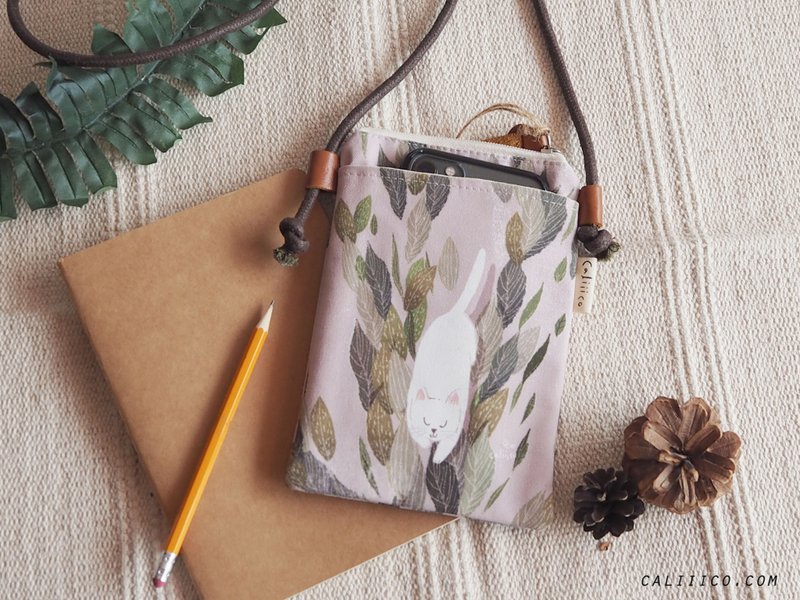 crossbody bag with white cat - 側背包/斜背包 - 棉．麻 黃色