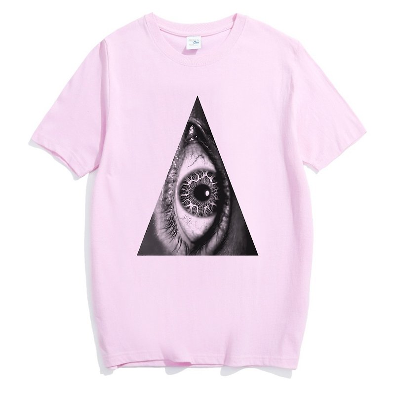 トライアングルアイジェンダーニュートラル半袖Tシャツ淡いピンクの目の色三角形の幾何学的なデザイン正義の彼自身のブランドファンキーな明るい円 - Tシャツ - コットン・麻 ピンク