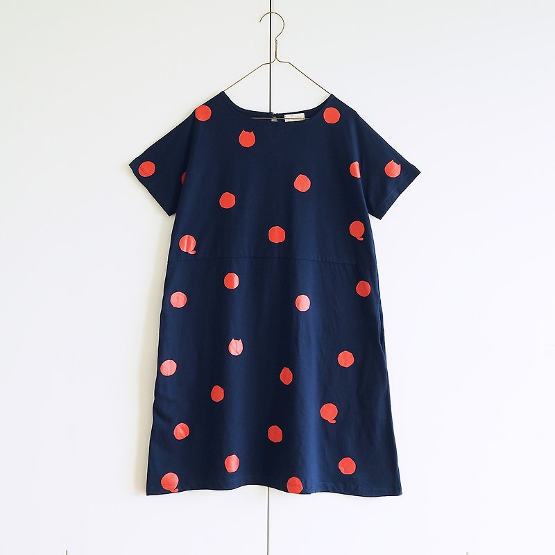 polka dot cat dress : navy - 連身裙 - 棉．麻 藍色