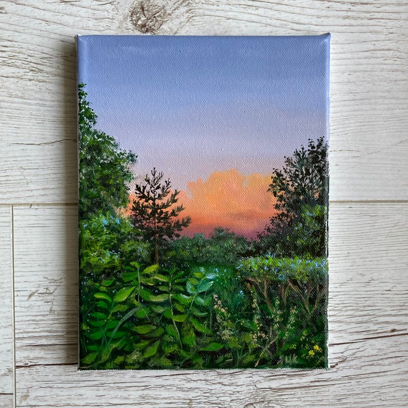 Original Small Oil Painting On Canvas, Landscape Painting, Sunset Clouds - 海報/掛畫/掛布 - 棉．麻 粉紅色