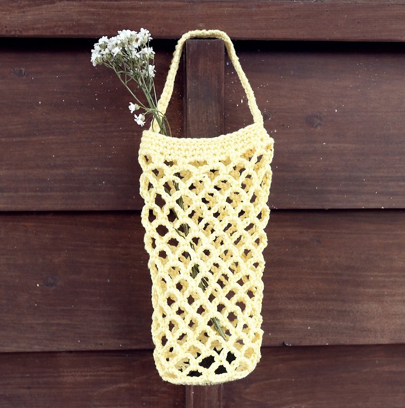 手作-網狀手編織包-飲料袋/水壺袋 - 手袋/手提袋 - 棉．麻 黃色