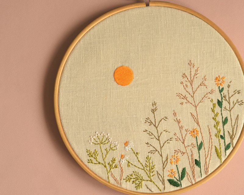 【ดิจิทัล】Digital Download PDF | Hand embroidery pattern, DIY, Meadow sunset, wall decor